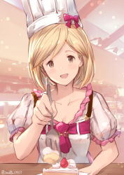 Rule 34 | 1girl, apron, bad id, bad pixiv id, blonde hair, blush, blush stickers, brown eyes, cake, chef hat, collarbone, colorized, commentary, djeeta (granblue fantasy), food, fork, frills, fruit, granblue fantasy, hat, looking at viewer, milli little, open mouth, plate, puffy short sleeves, puffy sleeves, ribbon, short hair, short sleeves, smile, strawberry, twitter username