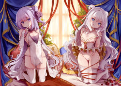 Rule 34 | + +, 2girls, ahoge, areola slip, azur lane, backlighting, bare arms, bare shoulders, black ribbon, blush, bound, bound legs, breasts, clothes lift, clothes pull, collarbone, commentary request, curtains, detached collar, double bun, dress, flower, full body, gluteal fold, hair bun, hair ribbon, head tilt, highleg, highleg panties, highres, indoors, kneeling, le malin (azur lane), licking lips, lifted by self, long hair, looking at viewer, multiple girls, nipple slip, nipples, on bed, one side up, panties, pantyhose, pantyhose pull, pelvic curtain, pillow, purple eyes, purple hair, rhineheim, ribbon, ribbon bondage, rose, see-through, sidelocks, silver hair, single hair bun, skindentation, skirt, skirt lift, small breasts, smile, string panties, sunlight, symbol-shaped pupils, thigh gap, thighhighs, thong, tongue, tongue out, underwear, unicorn (azur lane), very long hair, wavy hair, white dress, white legwear, white panties