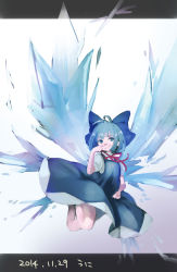 Rule 34 | 1girl, artist name, blue eyes, blue hair, bow, cirno, dated, dress, finger to face, full body, hair bow, highres, ice, ice wings, letterboxed, matching hair/eyes, namauni, ribbon, short hair, smile, solo, touhou, wings
