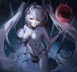Rule 34 | 1girl, bodysuit, breasts, bright pupils, chinese commentary, drone, expressionless, fireball, full body, grey hair, grey theme, hair between eyes, hand up, headgear, highres, looking at viewer, luna: laurel (punishing: gray raven), luna (punishing: gray raven), medium breasts, multicolored hair, punishing: gray raven, qing cheng ran, see-through, solo, standing, streaked hair, twintails, two-tone hair, white hair, yellow eyes