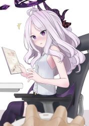 Rule 34 | 1boy, 1girl, armchair, blue archive, blurry, blush, chair, commentary request, demon girl, demon horns, demon wings, depth of field, desk, forehead, hair ribbon, hina (blue archive), holding, holding tablet pc, horns, long hair, looking at viewer, out of frame, parted bangs, purple eyes, ribbon, sensei (blue archive), sidelocks, simple background, sleeveless, soudai neko, surprised, tablet pc, thighhighs, white hair, wings, zettai ryouiki
