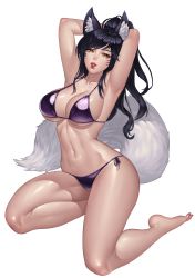 Rule 34 | 1girl, adjusting hair, ahri (league of legends), animal ears, armpits, barefoot, bikini, black hair, breasts, cleavage, detached sleeves, eyelashes, facial mark, feet, fox ears, fox tail, highres, karmiel, large breasts, league of legends, lips, nail polish, navel, parted lips, ponytail, shiny skin, simple background, solo, swept bangs, swimsuit, tail, underboob, whisker markings, white background, yellow eyes