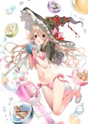 Rule 34 | 1girl, absurdres, animal, bikini, blonde hair, blush, bow, breasts, bubble, capelet, chess piece, cleavage, crown, fingernails, frills, full body, gumball machine, hat, highres, holding, jewelry, long hair, looking at viewer, medium breasts, miwabe sakura, navel, open mouth, original, pink bikini, purple eyes, rabbit, scan, shiny skin, shoes, simple background, solo, stomach, swimsuit, white background, witch hat