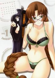 Rule 34 | 10s, 1girl, 2010, absurdres, bow, bow panties, bra, braid, breasts, brown hair, bullpup, calendar, cameltoe, cape, cleavage, feathers, front-tie top, glasses, green bra, green eyes, green panties, gun, highres, horizontal magazine, january, lace, lace panties, large breasts, lingerie, long hair, makishima azusa, muv-luv, muv-luv alternative, navel, p90, panties, personal defense weapon, purple hair, rifle, sakaki chizuru, see-through, sitting, smile, solo, submachine gun, thighhighs, translucent, twin braids, underwear, underwear only, very long hair, weapon