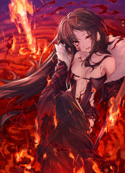 Rule 34 | 1girl, bare shoulders, black dress, black jacket, blood, blood on face, breasts, breasts apart, brown hair, center opening, collarbone, dress, ear piercing, earrings, fate/grand order, fate (series), fire, from above, fur collar, highres, jacket, jewelry, long hair, long sleeves, looking at viewer, medium breasts, lava, parted lips, piercing, red eyes, revealing clothes, revision, sanpaku, sidelocks, sitting, sleeves past wrists, solo, stomach, sword, torn clothes, torn sleeves, very long hair, weapon, yachimoto, yu mei-ren (fate)