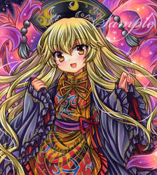 Rule 34 | 1girl, :d, black dress, black headwear, blonde hair, blush, breasts, cowboy shot, crescent print, dress, embellished costume, frilled dress, frills, hands up, junko (touhou), long hair, long sleeves, looking at viewer, marker (medium), neck ribbon, open mouth, phoenix crown, pinching sleeves, print tabard, red eyes, red ribbon, red tabard, ribbon, rui (sugar3), sample watermark, sleeves past wrists, small breasts, smile, solo, standing, tabard, tassel, touhou, traditional media, very long hair, watermark, wide sleeves, yellow ribbon