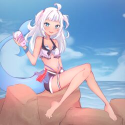 Rule 34 | 1girl, ahoge, alternate costume, bad feet, bare shoulders, barefoot, bikini, bikini under shorts, blue hair, blue sky, blue tail, blush, breasts, collarbone, commentary, cup, disposable cup, english commentary, eyelashes, fins, fish tail, frilled bikini, frills, full body, gawr gura, grimace shake (meme), hair ornament, hand up, highleg, highleg bikini, highres, holding, hololive, hololive english, hololive summer 2023 swimsuit, knees together feet apart, legs, looking at viewer, meme, multicolored hair, nefu4i, outdoors, shark girl, shark hair ornament, shark tail, sharp teeth, short shorts, shorts, sitting, sky, small breasts, solo, streaked hair, swimsuit, tail, teeth, thigh strap, thighs, toes, two side up, virtual youtuber, white hair