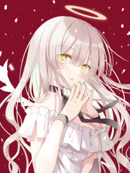 Rule 34 | 1girl, angel, angel wings, bare shoulders, black choker, black ribbon, blunt bangs, breasts, choker, cleavage, commentary, eyelashes, eyes visible through hair, forehead, halo, hoshino koucha, long hair, looking at viewer, off shoulder, open mouth, original, own hands clasped, own hands together, pink hair, red background, ribbon, simple background, snow, solo, symbol-shaped pupils, upper body, wings, yellow eyes