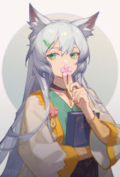 Rule 34 | 1girl, animal ear fluff, animal ears, aqua kimono, arknights, black choker, book, hugging book, bookmark, cat ears, chinese commentary, choker, commentary request, endlessdarkness, flower, flower over mouth, green eyes, hair ornament, hairclip, highres, holding, holding book, japanese clothes, kimono, long hair, looking at viewer, hugging object, pink flower, rosmontis (arknights), signature, silver hair, solo, upper body, white kimono