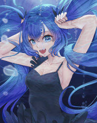 Rule 34 | 1girl, :d, armpits, arms up, black bow, black dress, blue eyes, blue hair, bow, breasts, bubble, cleavage, collarbone, dress, floating hair, hair between eyes, hair bow, hatsune miku, holding, holding hair, long hair, medium breasts, open mouth, shinkai shoujo (vocaloid), sideboob, sleeveless, sleeveless dress, smile, solo, switchel, twintails, underwater, upper body, very long hair, vocaloid
