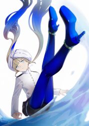 Rule 34 | 1boy, 1girl, blonde hair, blue eyes, blue hair, captain nemo (fate), fate/grand order, fate (series), gradient hair, hat feather, high heels, highres, long hair, multicolored hair, nemo (fate), shorts, turban, twintails, water, waterstaring, white background