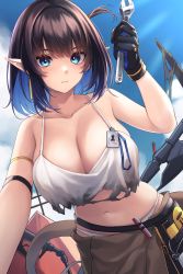 Rule 34 | 1girl, absurdres, arknights, arm strap, arm support, bare shoulders, black gloves, black hair, blue eyes, blue hair, blue sky, breasts, brown pants, camisole, cleavage, closed mouth, cloud, collarbone, colored inner hair, commentary, crop top, crop top overhang, day, earrings, eunectes (arknights), eunectes (forgemaster) (arknights), gloves, hand up, highres, holding, holding wrench, jewelry, large breasts, looking at viewer, midriff, multicolored hair, nameko houshi, navel, official alternate costume, one side up, pants, pointy ears, short hair, sidelocks, sky, snake tail, solo, standing, tail, tool belt, white camisole, wrench