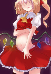 Rule 34 | 1girl, ascot, asymmetrical hair, clothes lift, clothes pull, female focus, flandre scarlet, groin, licking lips, midriff, mori shin risuku, navel, panties, panty pull, shaded face, shirt lift, side ponytail, skirt, skirt pull, solo, thighhighs, tongue, tongue out, touhou, underwear, wings