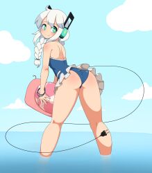 Rule 34 | 1girl, absurdres, aqua eyes, ass, bare legs, bare shoulders, bent over, blue one-piece swimsuit, blue sky, blush, borrowed character, bracelet, braid, cable, casual one-piece swimsuit, closed mouth, cloud, day, digitan (porforever), doremianc, electric plug, from behind, headphones, highres, jewelry, legs apart, long hair, looking at viewer, looking back, one-piece swimsuit, original, outdoors, sky, smile, snail, solo, standing, star-shaped pupils, star (symbol), swimsuit, symbol-shaped pupils, tail, thighs, water, white hair