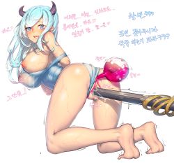 Rule 34 | 1girl, anal, anal object insertion, arms behind back, ass, bad id, bad pixiv id, barefoot, blue eyes, blue hair, blush, breasts, censored, clothing aside, covered erect nipples, dripping, full body, horns, kneeling, korean text, large breasts, long hair, looking at viewer, looking back, matching hair/eyes, mosaic censoring, muloli, nipples, object insertion, one-piece swimsuit, one breast out, open mouth, pussy, solo, swimsuit, swimsuit aside, text focus, translation request, vaginal, vaginal object insertion, wet, wet clothes, white background, white one-piece swimsuit