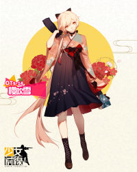 Rule 34 | 1girl, arm up, ask (askzy), black gloves, boots, bow, chinese text, choker, closed mouth, cross-laced footwear, floral print, full body, girls&#039; frontline, gloves, hair bow, hair over shoulder, hakama, hakama short skirt, hakama skirt, half gloves, head tilt, high-waist skirt, highres, japanese clothes, lace-up boots, long hair, low ponytail, meiji schoolgirl uniform, official alternate costume, official art, orange eyes, ots-14 (flurry of petals) (girls&#039; frontline), ots-14 (girls&#039; frontline), pink hair, skirt, solo, very long hair, wide sleeves