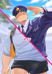Rule 34 | 1boy, = =, absurdres, bag, baggy clothes, bara, black hair, blurry, blurry background, bulge, facing viewer, hat, highres, male focus, multiple views, muscular, muscular male, osu (osumankokuou), paid reward available, police, police hat, police uniform, policeman, shirt, short hair, short shorts, shorts, shoulder bag, smile, split screen, t-shirt, thick eyebrows, uniform, walking, waving