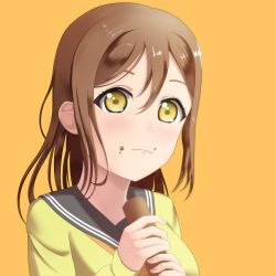 Rule 34 | 1girl, absurdres, artist name, artist request, blush, bow, bowtie, bread, breasts, brown eyes, brown hair, buttons, cardigan, collarbone, eating, eyebrows, female focus, food, grey sailor collar, hair between eyes, highres, holding, holding food, kunikida hanamaru, light brown hair, long hair, long sleeves, looking at viewer, love live!, love live! sunshine!!, orange bow, parted lips, sailor collar, school uniform, skirt, sleeves past wrists, smile, solo, sweater, upper body, uranohoshi school uniform, vest, yellow background, yellow cardigan, yellow eyes, yellow sweater