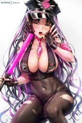 Rule 34 | 1girl, bare shoulders, bikini, black bikini, black gloves, black hair, black hat, black pantyhose, blush, breasts, cleavage, covered navel, facial mark, fate/grand order, fate (series), fingerless gloves, forehead mark, gloves, halterneck, hat, large breasts, long hair, looking at viewer, multicolored hair, necktie, open mouth, paid reward available, pantyhose, parted bangs, pink hair, pink neckwear, police hat, ponytail, rei kun, sessyoin kiara, sessyoin kiara (swimsuit mooncancer), sessyoin kiara (swimsuit mooncancer) (second ascension), streaked hair, swimsuit, thighs, tongue, tongue out, traffic baton, very long hair, yellow eyes