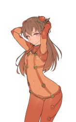 Rule 34 | 1girl, arched back, armpits, bodysuit, brown hair, clothes writing, covered erect nipples, covered navel, cowboy shot, flat color, from side, hair between eyes, headgear, highres, interface headset, legs together, long hair, neon genesis evangelion, nipples, orange bodysuit, parted bangs, pilot suit, plugsuit, purple eyes, see-through, simple background, solo, souryuu asuka langley, standing, timbougami, two side up, tying hair, white background
