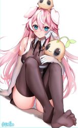 Rule 34 | 1girl, bare shoulders, black ribbon, blush, bodystocking, breasts, brown thighhighs, cleavage, closed mouth, commentary, elbow gloves, english commentary, feet, full body, gloves, hair between eyes, hair ribbon, highres, indie virtual youtuber, knees up, large breasts, long hair, looking at viewer, multicolored hair, neck ribbon, no shoes, panties, pink hair, ribbon, sitting, solo, streaked hair, thighhighs, twitter username, underwear, very long hair, virtual youtuber, white gloves, white hair, white panties, white ribbon, yuniiho, yuniiho (vtuber)