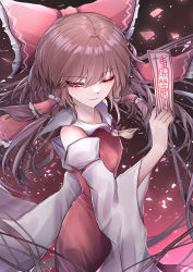 Rule 34 | 1girl, 33 gaff, ascot, bare shoulders, bow, breasts, brown background, brown hair, closed mouth, collared dress, detached sleeves, dress, eyelashes, eyes visible through hair, frills, gohei, gradient background, hair between eyes, hair ornament, hair tubes, hakurei reimu, hand up, long hair, long sleeves, looking to the side, medium breasts, ofuda, one eye closed, petals, pink background, red background, red dress, red eyes, smile, solo, standing, touhou, wide sleeves, yellow ascot