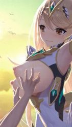 Rule 34 | 1boy, 1girl, animated, animated gif, armpits, arms up, artist request, blonde hair, blush, bottomless, bouncing breasts, breasts, breasts out, consome2021, embarrassed, grabbing, grabbing another&#039;s breast, groping, hetero, large breasts, lowres, mythra (xenoblade), nintendo, nipples, outdoors, puffy nipples, rex (xenoblade), sex, thighs, tiara, video, xenoblade chronicles (series), xenoblade chronicles 2, yellow eyes