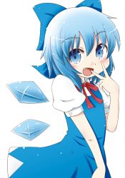 Rule 34 | 1girl, blue eyes, blush, bow, cirno, fang, hair bow, ice, ice wings, open mouth, puffy sleeves, shimizyu, short hair, short sleeves, solo, touhou, white background, wings
