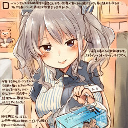 Rule 34 | 10s, 1girl, beret, blue eyes, colored pencil (medium), commentary request, dated, employee uniform, hat, holding, kantai collection, kashima (kancolle), kirisawa juuzou, lawson, name tag, numbered, short hair, short sleeves, silver hair, smile, solo, traditional media, translation request, twitter username, two side up, uniform