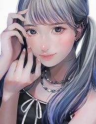 Rule 34 | 1girl, black shirt, blue hair, fingernails, gradient hair, grey eyes, grey hair, hands up, highres, jewelry, lipstick, looking at viewer, makeup, multicolored hair, nail polish, necklace, original, parted lips, pink lips, shirt, simple background, smile, solo, swept bangs, tsunko (9v2 q), upper body, white background, white nails