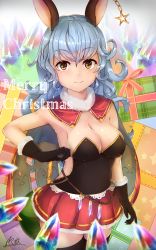 Rule 34 | 1girl, absurdres, animal ears, black gloves, blue hair, blush, breasts, brown eyes, christmas, cleavage, closed mouth, curly hair, ferry (granblue fantasy), gift, gloves, granblue fantasy, highres, hiyashi mikan, large breasts, long hair, looking at viewer, merry christmas, red skirt, signature, skirt, smile, solo, thighhighs