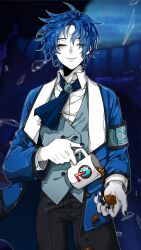 Rule 34 | 1boy, 3cnfw, ascot, bags under eyes, black pants, blue ascot, blue coat, blue hair, blue vest, broken glass, chesed (project moon), closed eyes, closed mouth, coat, coffee, collared shirt, cowboy shot, cup, facing viewer, glass, highres, lobotomy corporation, long sleeves, male focus, mug, pale skin, pants, project moon, shirt, smile, solo, vest, white shirt
