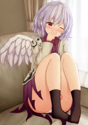 Rule 34 | 1girl, angel wings, beige jacket, black socks, blush, bow, bowtie, commentary request, convenient censoring, couch, covering own mouth, curtains, dress, eyelashes, feathered wings, female masturbation, furrowed brow, kishin sagume, knees, long sleeves, looking at viewer, masturbation, one eye closed, panties, pantyshot, purple dress, red bow, red bowtie, red eyes, short hair, silver hair, single wing, sitting, socks, solo, suigetsu (watermoon-910), sweatdrop, thighs, touhou, underwear, white panties, wings