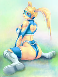 Rule 34 | 1990s (style), 1girl, ass, back, back cutout, blonde hair, blue eyes, boots, breasts, capcom, clothing cutout, female focus, heart, heart cutout, large breasts, leotard, long hair, looking back, mask, rainbow mika, retro artstyle, ryourou (edexigerero), sitting, solo, street fighter, street fighter zero (series), twintails, wariza