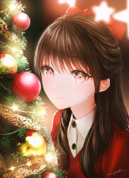 Rule 34 | 1girl, blurry, blurry background, blush, bow, brown hair, buttons, christmas, christmas ornaments, christmas tree, closed mouth, collared shirt, commentary, english commentary, glowing, hair bow, hair over shoulder, highres, indoors, long hair, looking at viewer, night, ojay tkym, original, red bow, red eyes, red sweater, shirt, sidelocks, signature, smile, solo, star (symbol), sweater, upper body, white shirt