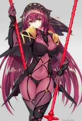 Rule 34 | 1girl, bad id, bad pixiv id, bodysuit, closed mouth, covered navel, fate/grand order, fate (series), grey background, hisame-mao-kzok, holding, holding weapon, long hair, looking to the side, medium sleeves, polearm, purple hair, red eyes, scathach (fate), scathach (fate), simple background, smile, solo, standing, twitter username, veil, very long hair, weapon