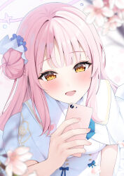 Rule 34 | 1girl, absurdres, blue archive, blush, breasts, capelet, cellphone, cherry blossoms, dress, flower, hair bun, hair flower, hair ornament, halo, highres, holding, holding phone, long hair, looking at viewer, medium breasts, mika (blue archive), open mouth, phone, pink hair, pink halo, purple flower, rei (ilust9999), single side bun, smartphone, smile, solo, upper body, white capelet, white dress, yellow eyes