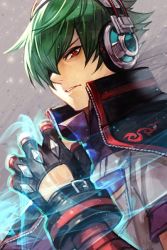 Rule 34 | 1boy, aura, bandages, black jacket, capelet, fingerless gloves, gloves, green hair, grey background, hair over one eye, headphones, high collar, hungry clicker, jacket, jacket on shoulders, male focus, parted lips, red eyes, short hair, shun&#039;ei, snk, solo, studded gloves, the king of fighters, the king of fighters xiv