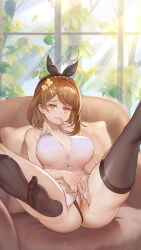 Rule 34 | 1girl, absurdres, armchair, atelier (series), atelier ryza, atelier ryza 3, black hairband, black panties, black thighhighs, braid, breasts, brown eyes, brown hair, censored, chair, clothing aside, collared shirt, commentary, crown braid, dangle earrings, earrings, english commentary, finger to mouth, hair ornament, hairband, highres, indoors, jewelry, koufve, large breasts, looking at viewer, mosaic censoring, panties, panties aside, parted lips, pussy, reclining, reisalin stout, shirt, short hair, sidelighting, single sidelock, sitting, sleeveless, sleeveless shirt, soles, solo, spread legs, spread pussy, thighhighs, underwear, white shirt, x hair ornament