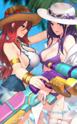 Rule 34 | 2girls, absurdres, armlet, bikini, blue eyes, blurry, bow, breasts, caitlyn (league of legends), cleavage, criss-cross halter, day, depth of field, eyelashes, eyes visible through hair, front-tie bikini top, front-tie top, half-closed eyes, halterneck, hat, highres, large breasts, league of legends, lips, medium hair, miss fortune (league of legends), multiple girls, nail polish, navel, o-ring, o-ring bikini, o-ring top, off shoulder, open clothes, open mouth, open shirt, outdoors, pd (pdpdlv1), pool party caitlyn, pool party miss fortune, purple bikini, purple eyes, purple hair, red bow, red hair, shirt, sideboob, sidelocks, smile, straw hat, sunglasses, sunglasses on head, swimsuit, water, water gun, wet, wet clothes, wet shirt