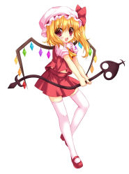 Rule 34 | 1girl, :d, bad id, bad pixiv id, blonde hair, blush, bow, embodiment of scarlet devil, fang, female focus, flandre scarlet, full body, hat, laevatein, legs, mary janes, open mouth, ratise, red eyes, shoes, side ponytail, simple background, skirt, smile, solo, standing, thighhighs, touhou, white background, white thighhighs, wings, zettai ryouiki