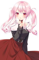 Rule 34 | 1girl, belt, belt buckle, black belt, black choker, black shirt, buckle, choker, collarbone, commentary request, hair between eyes, hand up, highres, index finger raised, long hair, long sleeves, looking at viewer, minatsuki alumi, original, parted lips, pink hair, red eyes, red skirt, ringlets, shirt, simple background, skirt, sleeves past wrists, smile, solo, twintails, v-shaped eyebrows, white background