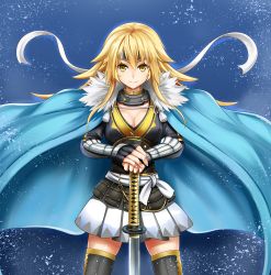 Rule 34 | 1girl, absurdres, armor, black thighhighs, blonde hair, blue background, boots, breasts, commentary request, fingerless gloves, gauntlets, gloves, hand on weapon, haori, headband, highres, japanese clothes, katana, long hair, long sleeves, looking at viewer, medium breasts, nagasone kotetsu (tenka hyakken), nagishy, own hands together, pleated skirt, shinsengumi, simple background, skindentation, skirt, solo, sword, tagme, tenka hyakken, thigh boots, thighhighs, weapon, yellow eyes