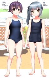 Rule 34 | 2girls, absurdres, ahoge, arms at sides, barefoot, blue one-piece swimsuit, brown eyes, character name, commentary request, comparison, competition school swimsuit, full body, grey hair, hair between eyes, highres, kantai collection, kasumi (kancolle), long hair, looking at viewer, multiple girls, old school swimsuit, one-piece swimsuit, outline, outside border, plant, purple eyes, purple hair, sakawa (kancolle), school swimsuit, short hair, side-by-side, side ponytail, standing, swimsuit, takafumi, v-shaped eyebrows, wooden floor