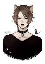 Rule 34 | 1boy, alternate costume, animal, animal collar, animal ears, black collar, black shirt, blue eyes, brown hair, cat, cat boy, cat ears, collar, cropped torso, dated, final fantasy, final fantasy viii, hiryuu (kana h), looking at viewer, male focus, open mouth, paw print, scar, scar on face, shirt, short hair, signature, simple background, sitting, solid circle eyes, solo, squall leonhart, translated, upper body, v-neck, white background