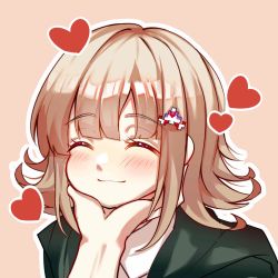 Rule 34 | 1girl, beige background, black jacket, blush, brown hair, closed eyes, closed mouth, commentary request, danganronpa (series), danganronpa 2: goodbye despair, hair ornament, hairclip, hand on another&#039;s chin, heart, highres, huo-yao sama, jacket, nanami chiaki, out of frame, portrait, shirt, short hair, simple background, smile, solo focus, spaceship hair ornament, white shirt