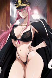 Rule 34 | 1girl, absurdres, black clover, breasts, captain cap, green eyes, highres, holding own waist, large breasts, lingerie, long hair, pink hair, princia funnybunny, serious, sweat, tagme, the amazing gambit, thick thighs, thighs, underwear