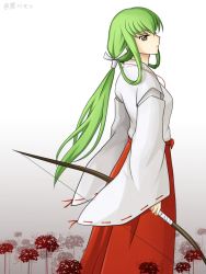 Rule 34 | 1girl, bow (weapon), brown eyes, c.c., code geass, cosplay, detached sleeves, floating hair, from side, gradient background, green hair, hair ribbon, hakama, hakama skirt, holding, holding bow (weapon), holding weapon, japanese clothes, kikyou (inuyasha), kikyou (inuyasha) (cosplay), kimono, long hair, long sleeves, looking at viewer, miko, ponytail, red hakama, ribbon, ribbon-trimmed sleeves, ribbon trim, setu kurokawa, skirt, solo, very long hair, weapon, white background, white kimono, white ribbon