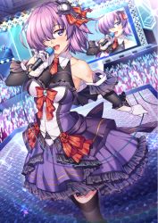 Rule 34 | 1girl, alternate costume, blush, breasts, detached sleeves, dress, fate/grand order, fate (series), frilled dress, frills, glint, gloves, hair ornament, hair over one eye, hair ribbon, holding, holding microphone, idol, large breasts, looking at viewer, mash kyrielight, microphone, necktie, open mouth, purple dress, purple eyes, purple hair, red necktie, ribbon, screen, shirokuma a, short hair, smile, solo, sparkle, stage, stage lights, white gloves