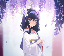 Rule 34 | 1girl, absurdres, alternate costume, blue archive, blue eyes, blue hair, blurry, blurry background, closed mouth, commentary, crossed bangs, falling petals, flower, from side, hair between eyes, hair flower, hair ornament, hairband, halo, highres, japanese clothes, kimono, long hair, long sleeves, looking at viewer, obi, obiage, obijime, petals, sash, sidelocks, solo, standing, ui (blue archive), upper body, white kimono, wide sleeves, wisteria, yozora (2080167236)